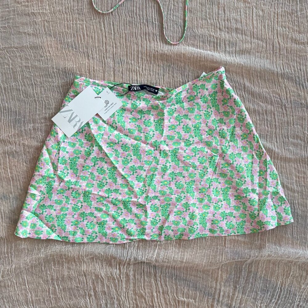 Green and Pink Floral Silk Mini Skirt